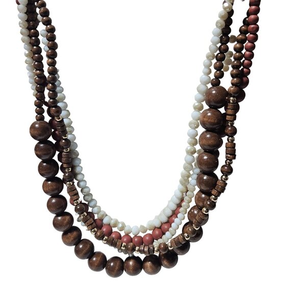 Boho Chunky Wooden Glass Beaded Necklace Multi Strand Time And Tru Jewelry Women - Picture 1 of 5